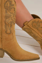 Tan Suede Point Toe Boots with Rhinestone Embellishments
