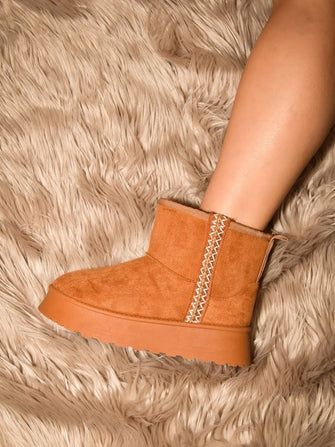 Tan Suede Round Toe Platform Boots for Women Caramel