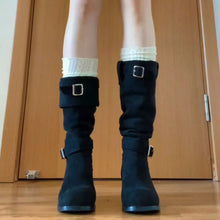 Tan Suede Slouch Boots with Buckle Detail for Women Black