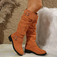 Tan Suede Slouch Boots with Buckle Detail Terracotta