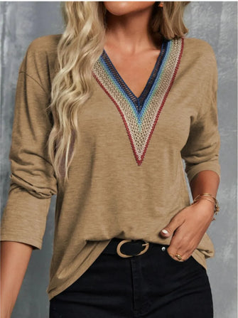 Tan V-Neck Long Sleeve Womens Shirt Camel