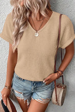 Tan Waffle Knit V Neck Top for Women