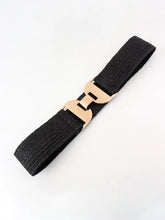 Tan woven elastic belt with gold alloy buckle