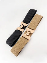 Tan woven elastic belt with gold alloy buckle