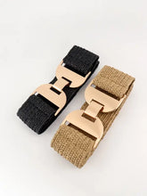 Tan woven elastic belt with gold alloy buckle