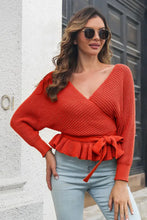 Tan Wrap Sweater with Tie Waist and Long Sleeve Length Sweater Pullovers