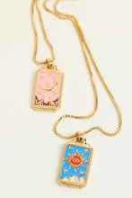 Pink and blue tarot card pendant copper necklace with gold chains