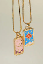 Gold tarot card pendant copper necklace with pink blue sun moon enamel