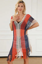 Striped crochet tassel color block V-neck cover-up with fringe hem