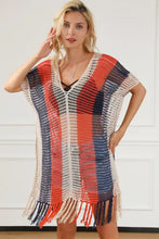 Striped V-neck crochet swimsuit cover-up with tassel color block fringe hem