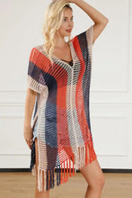 Tassel color block V-neck women’s short-sleeve striped crochet cover-up with fringe hem