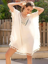 Cream tassel cutout half sleeve kaftan cover-up with crochet V-neck