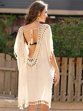Womens white crochet-trim tassel cutout half sleeve kaftan cover-up