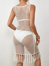 White tassel hem hollow out sleeveless crochet cover-up dress