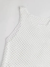 White fishnet crochet tank top with tassel hem hollow out design