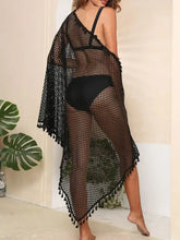 Black mesh tassel trim kimono cover-up with openwork open front