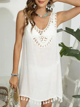 White tassel scoop neck wide strap crochet cover-up dress