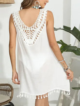 White tassel scoop neck wide strap beach cover-up with crochet back