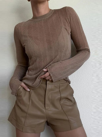 Taupe Sheer Long Sleeve Top with Tan Leather Shorts Set Coffee Brown