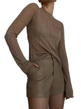 Taupe Sheer Long Sleeve Top with Tan Leather Shorts Set Woman T Shirts