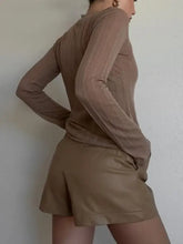 Taupe Sheer Long Sleeve Top with Tan Leather Shorts Set Woman T Shirts