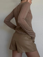 Taupe Sheer Long Sleeve Top with Tan Leather Shorts Set
