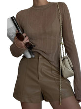 Taupe Sheer Long Sleeve Top with Tan Leather Shorts Set