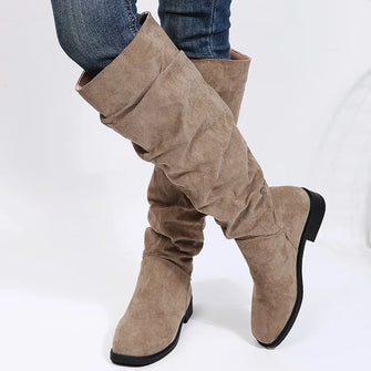 Taupe Suede Knee High Slouch Boots for Women Khaki
