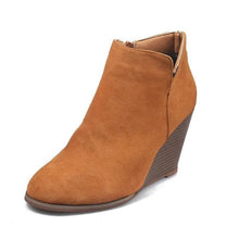 Taupe Suede Wedge Booties with Leopard Print Accents for Women Ochre