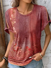 Printed round neck short sleeve t-shirt with floral tie-dye and rolled sleeves