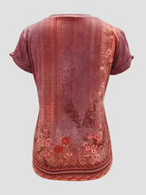 Teal green short sleeve printed round neck top with cut-out shoulders