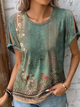 Printed round neck short sleeve t-shirt with floral cut-out shoulders
