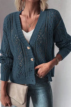 Teal open-front knit cardigan with lace detailing and button closure