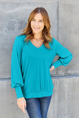 Teal Lantern Sleeve Blouse Basic Bae with Jeans Size Options Sky Blue