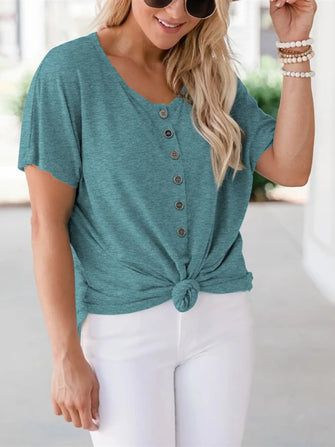 Teal Round Neck Short Sleeve T Shirt for Women Oversized Button Up Deep Teal