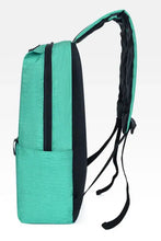 Teal solid color nylon backpack bag with black straps and front pocket