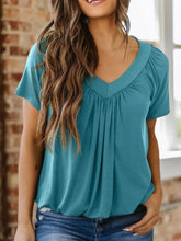 Teal V Neck Ruched Women's T Shirt Stretchy Polyester Blend Air Force Blue