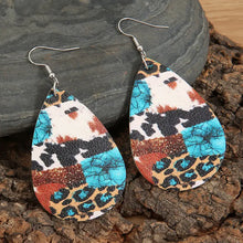 Teardrop alloy earrings with cow print, leopard print, and cracked turquoise design