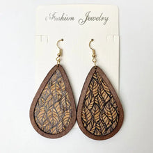 Teardrop dangle earrings with etched leaf wooden frame