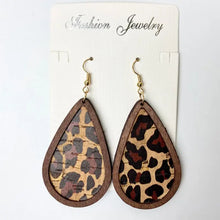 Teardrop dangle earrings with leopard print, wooden frame and gold hooks