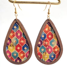 Teardrop drop earrings with colorful striped cork and dark wood frame