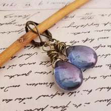 Iridescent blue and purple gemstone drop earrings with alloy bronze hooks