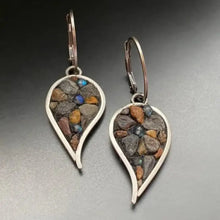 Pair of silver teardrop natural stone dangle earrings with colorful mosaic inlay