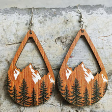 Teardrop shape dangle earrings with wooden mountain landscape and forest design