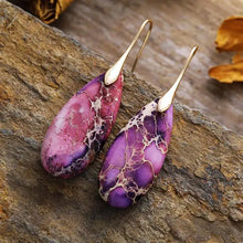 Purple and pink imperial jasper natural stone dangle earrings with gold hooks