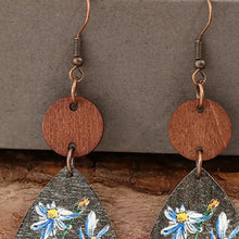 Flower geometrical shape wooden earrings with dangle floral design