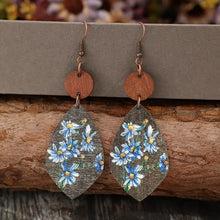 Teardrop flower geometrical shape wooden earrings in blue and white