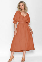Terracotta Midi Wrap Dress with Cutout in Rayon Rust