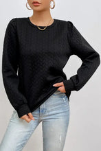 Black texture round neck long sleeve sweatshirt with puff shoulders