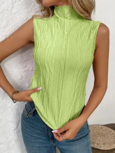 A vibrant lime green texture turtleneck sleeveless top with high neckline and vertical pleats for stylish wear